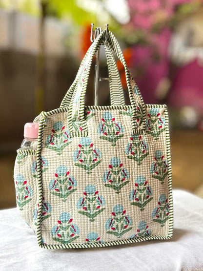 Quilted Printed Lunch Box Hand Bag With Bottle Pocket And Zip Closure