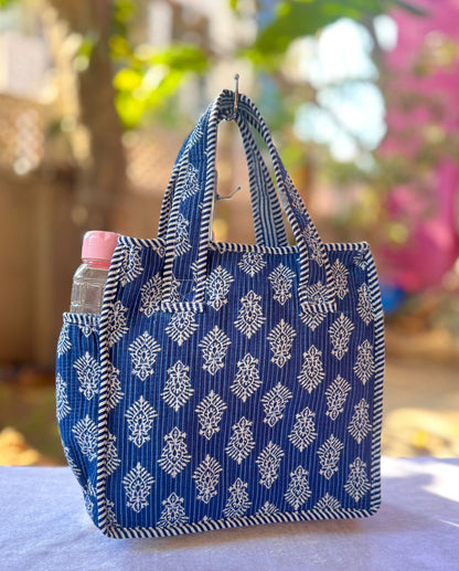 Quilted Printed Lunch Box Hand Bag With Bottle Pocket And Zip Closure