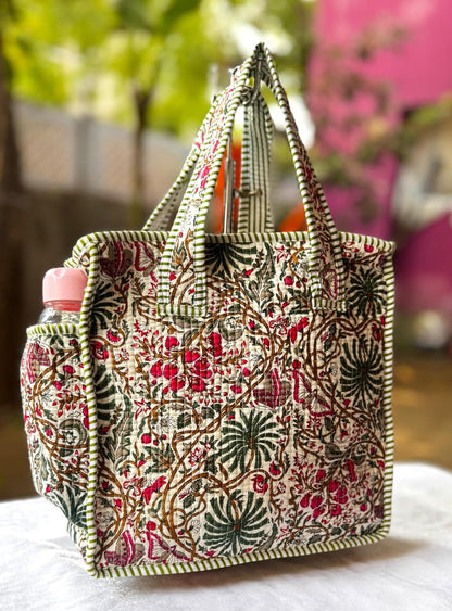 Quilted Printed Lunch Box Hand Bag With Bottle Pocket And Zip Closure