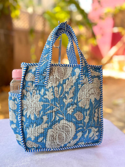 Quilted Printed Lunch Box Hand Bag With Bottle Pocket And Zip Closure