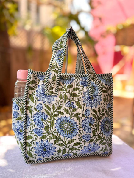 Quilted Printed Lunch Box Hand Bag With Bottle Pocket And Zip Closure