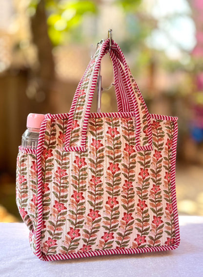 Quilted Printed Lunch Box Hand Bag With Bottle Pocket And Zip Closure