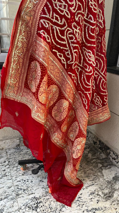 Maharani Bridal Pure Khaddi Georgette Dupatta With Heavy Jaal Gotta Patti & Dori Handwork