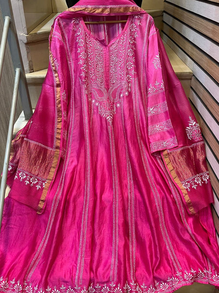 Royal Chanderi Anarkali Kurta Dupatta Set With Handcrafted Detailing