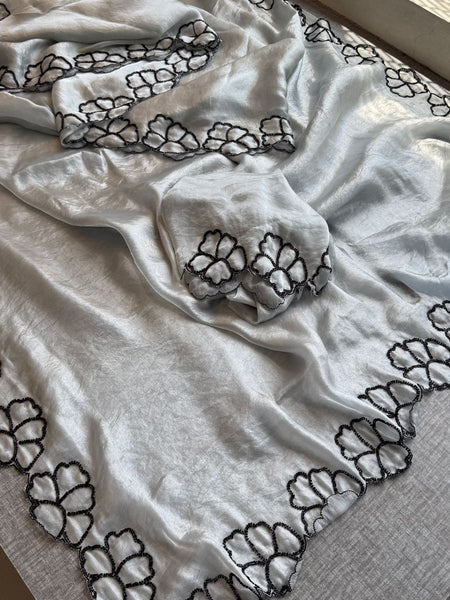 Midnight Bloom Pure Crepe Silk Saree With Handcrafted Cutdana Border