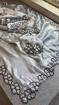 Midnight Bloom Pure Crepe Silk Saree With Handcrafted Cutdana Border