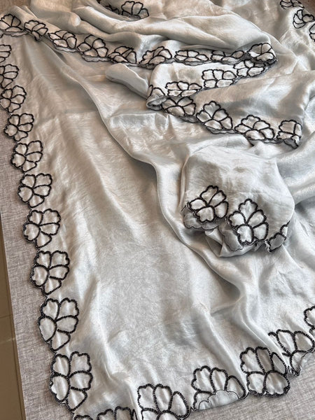 Midnight Bloom Pure Crepe Silk Saree With Handcrafted Cutdana Border