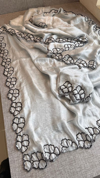 Midnight Bloom Pure Crepe Silk Saree With Handcrafted Cutdana Border