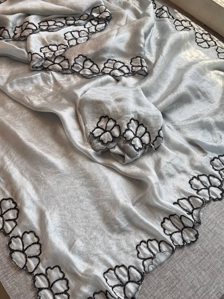 Midnight Bloom Pure Crepe Silk Saree With Handcrafted Cutdana Border