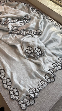 Midnight Bloom Pure Crepe Silk Saree With Handcrafted Cutdana Border