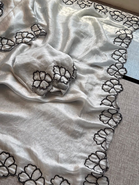 Midnight Bloom Pure Crepe Silk Saree With Handcrafted Cutdana Border