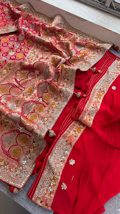 Zardozi And Gotta Patti On Crepe Georgette Banarasi · 56 Artisan Hours of work · The Virasat Edit