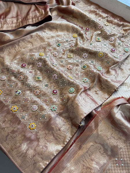 Regal Aura Pure Munga Silk Banarasi Saree With Handcrafted Zardozi Stone Embellishments