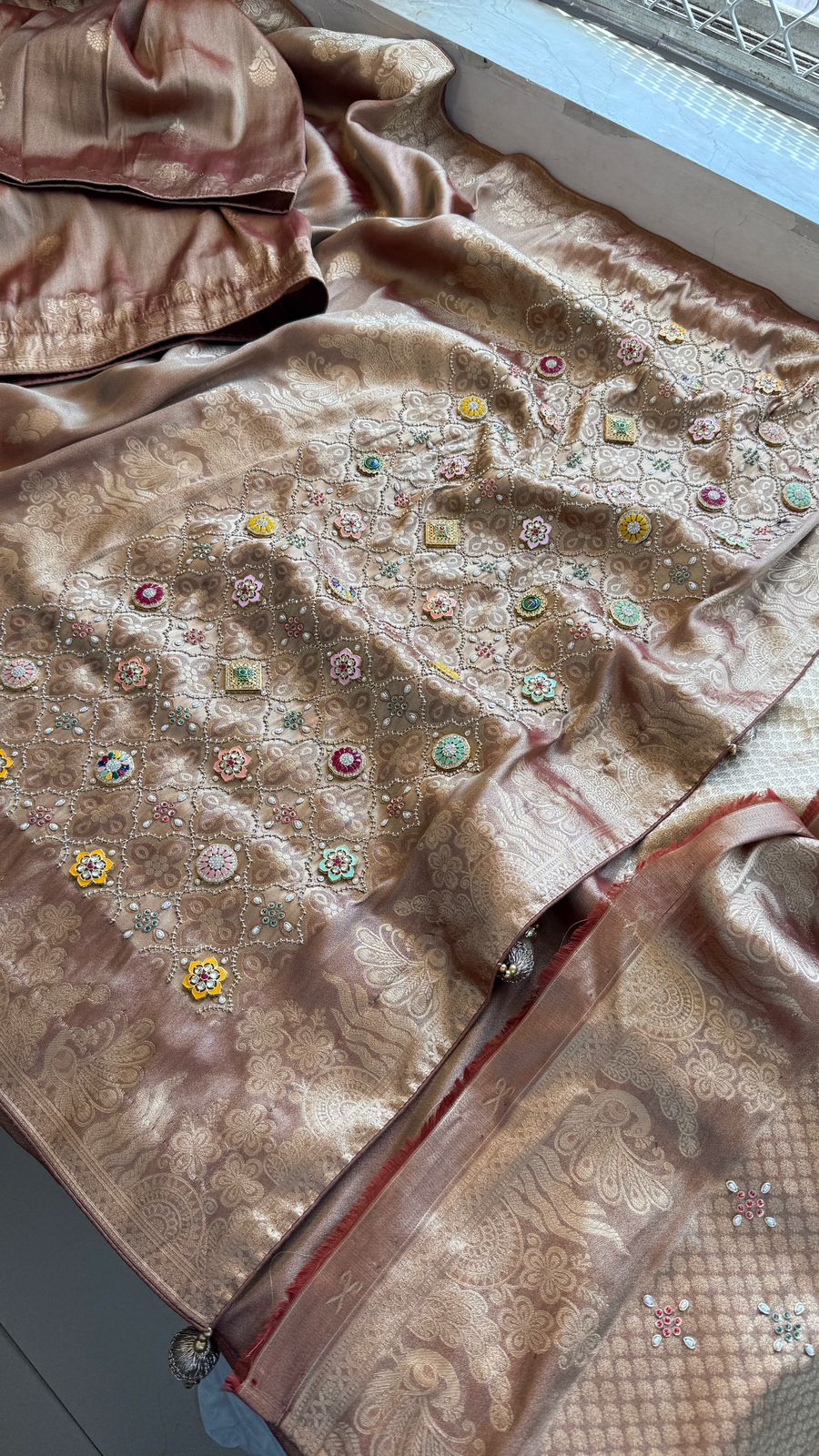 Regal Aura Pure Munga Silk Banarasi Saree With Handcrafted Zardozi Stone Embellishments