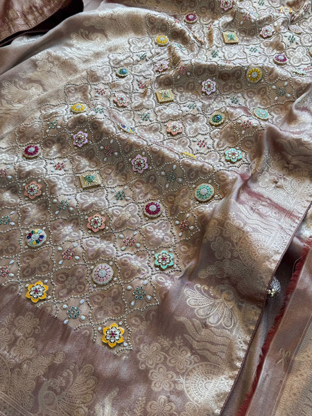 Regal Aura Pure Munga Silk Banarasi Saree With Handcrafted Zardozi Stone Embellishments