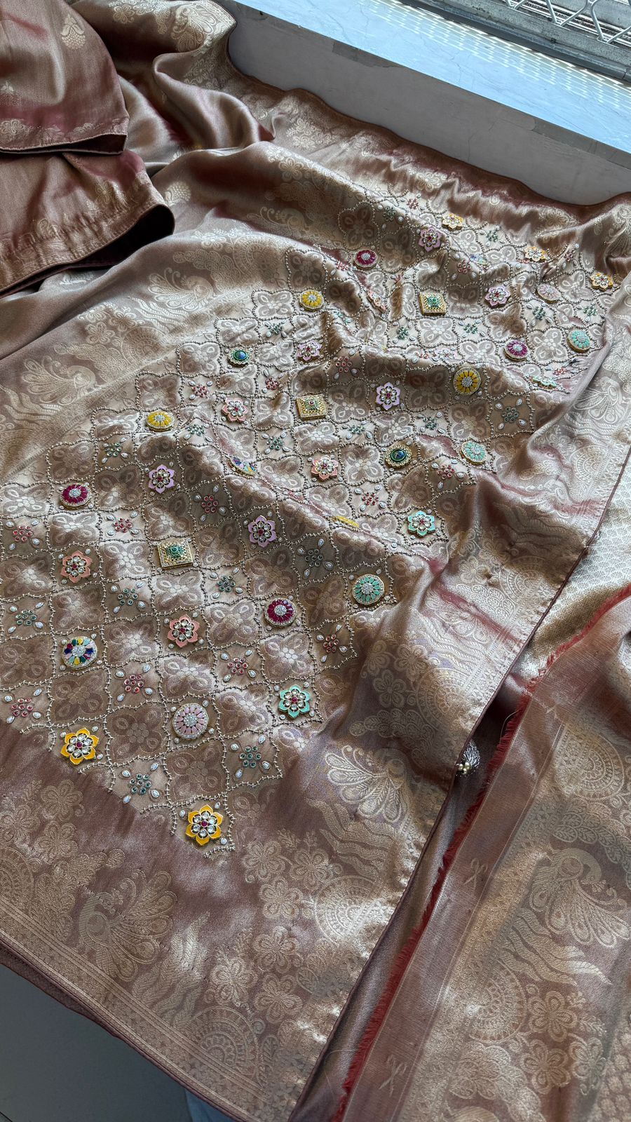 Regal Aura Pure Munga Silk Banarasi Saree With Handcrafted Zardozi Stone Embellishments