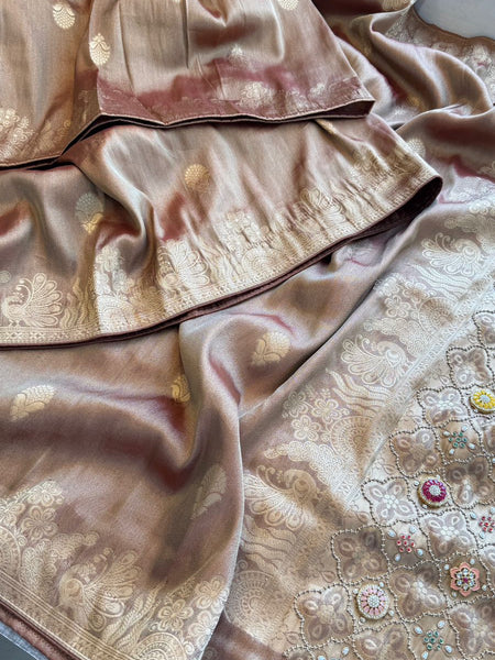 Regal Aura Pure Munga Silk Banarasi Saree With Handcrafted Zardozi Stone Embellishments