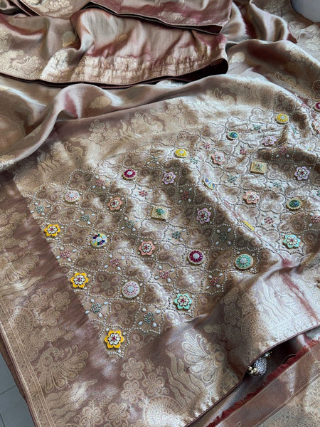 Regal Aura Pure Munga Silk Banarasi Saree With Handcrafted Zardozi Stone Embellishments