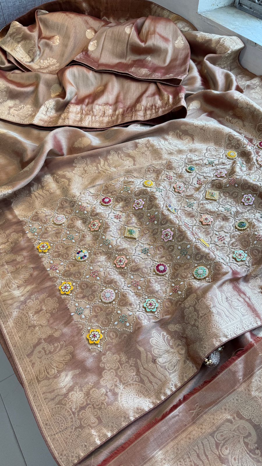 Regal Aura Pure Munga Silk Banarasi Saree With Handcrafted Zardozi Stone Embellishments