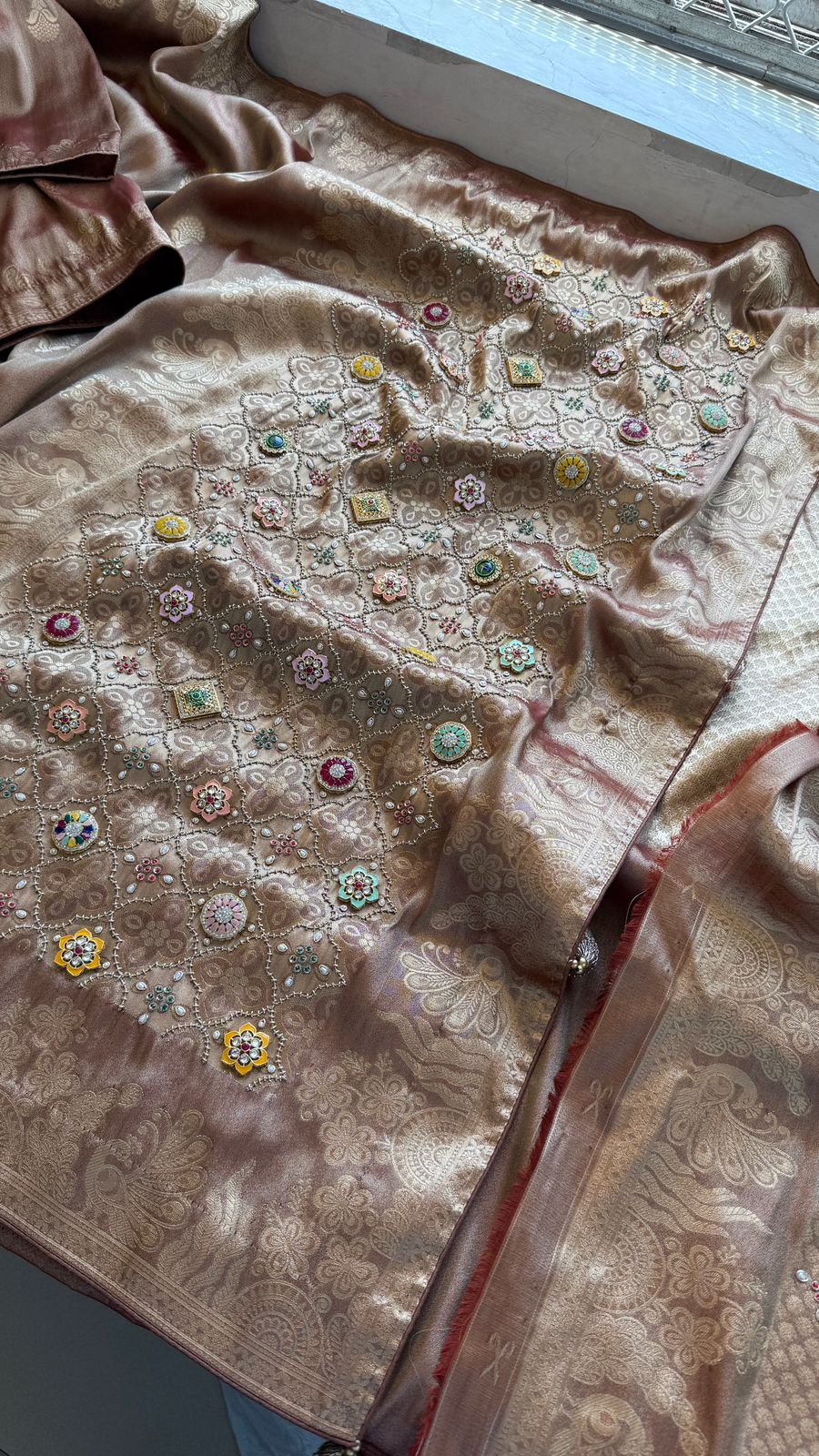 Regal Aura Pure Munga Silk Banarasi Saree With Handcrafted Zardozi Stone Embellishments