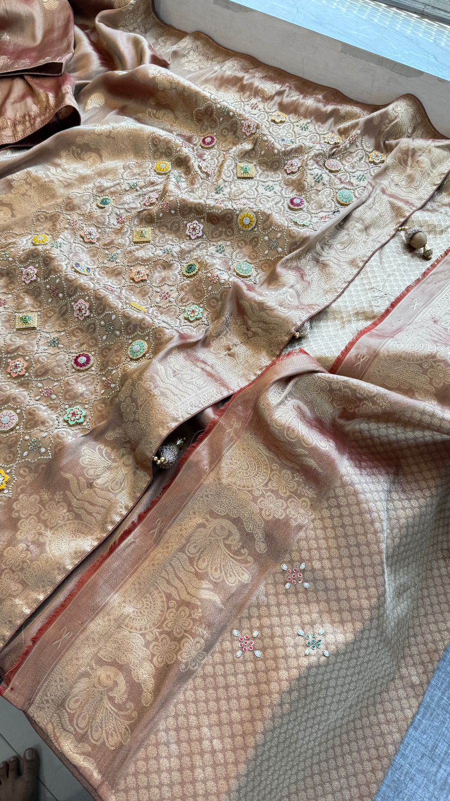 Regal Aura Pure Munga Silk Banarasi Saree With Handcrafted Zardozi Stone Embellishments