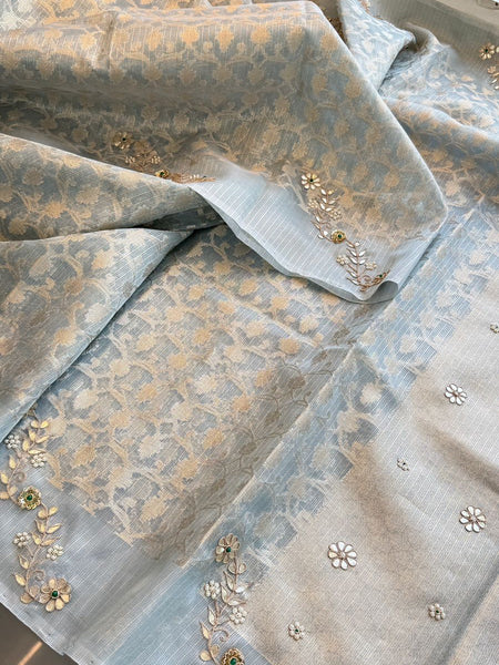 Royal Mist Pure Tissue Silk Banarasi Saree With Zardozi Floral Embellishments