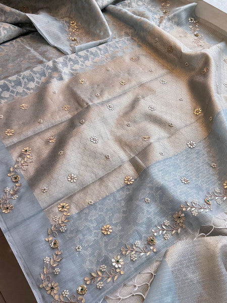 Royal Mist Pure Tissue Silk Banarasi Saree With Zardozi Floral Embellishments