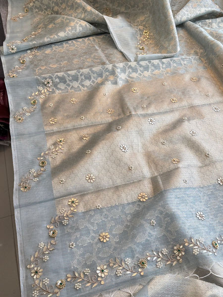 Royal Mist Pure Tissue Silk Banarasi Saree With Zardozi Floral Embellishments