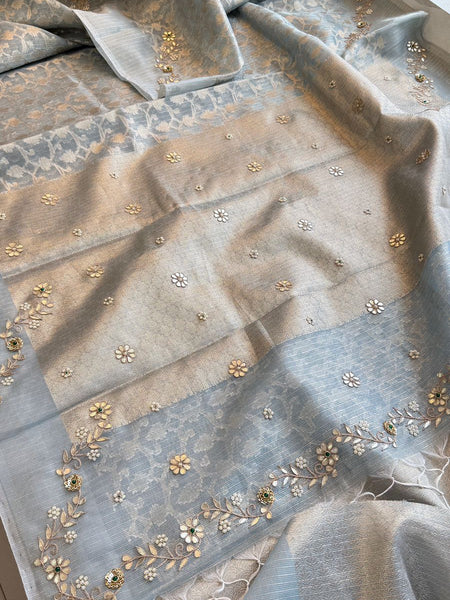 Royal Mist Pure Tissue Silk Banarasi Saree With Zardozi Floral Embellishments