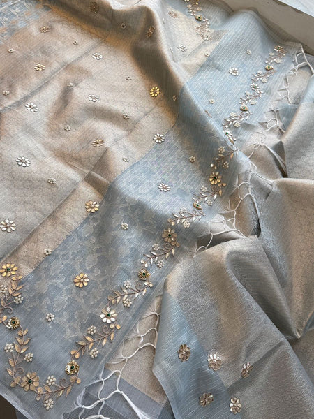 Royal Mist Pure Tissue Silk Banarasi Saree With Zardozi Floral Embellishments