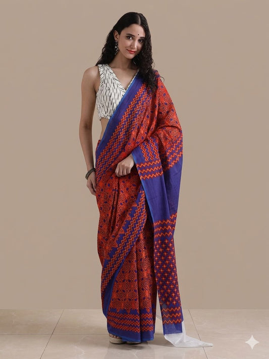 Everyday Red Elegance Pure Mulmul Cotton Printed Saree With Blouse