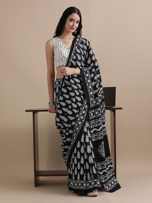Everyday Black Elegance Pure Mulmul Cotton Printed Saree With Blouse