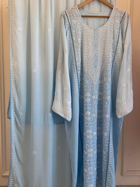 Elegant Pure Mulmul Kurta Dupatta Set With Pearl Sequins And Katdana Work