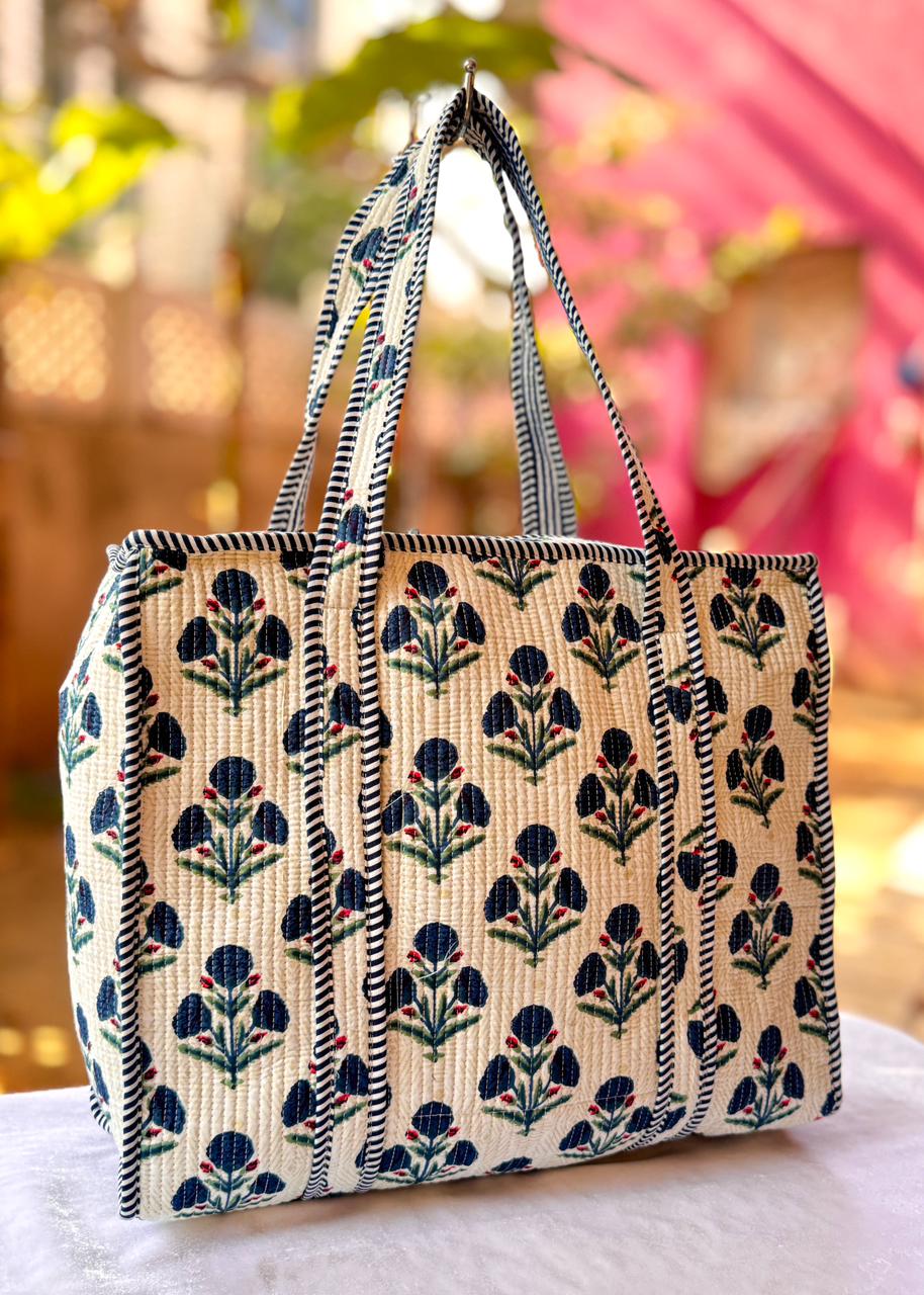 Reversible Quilted Hand Block Printed Tote Bag With Zip Closure