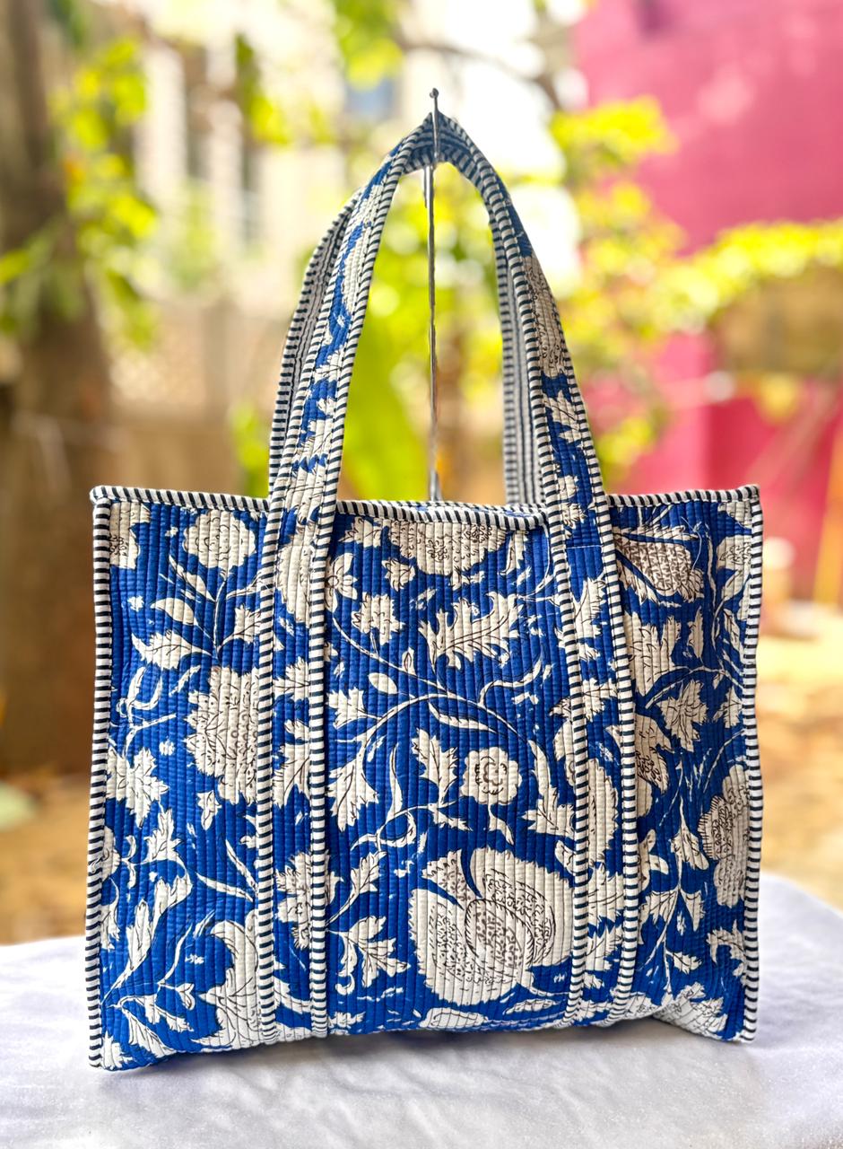 Reversible Quilted Hand Block Printed Tote Bag With Zip Closure