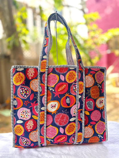 Reversible Quilted Hand Block Printed Tote Bag With Zip Closure
