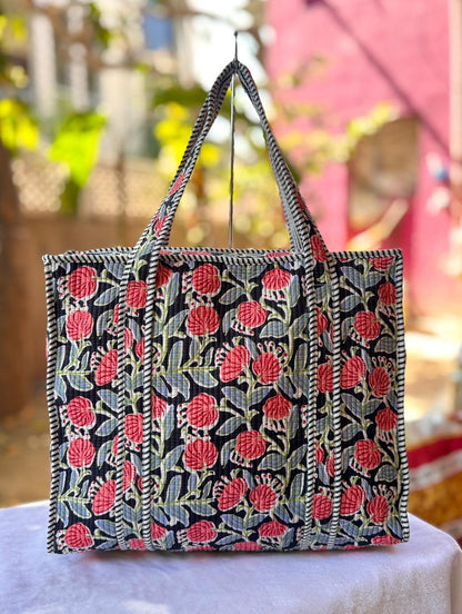 Reversible Quilted Hand Block Printed Tote Bag With Zip Closure
