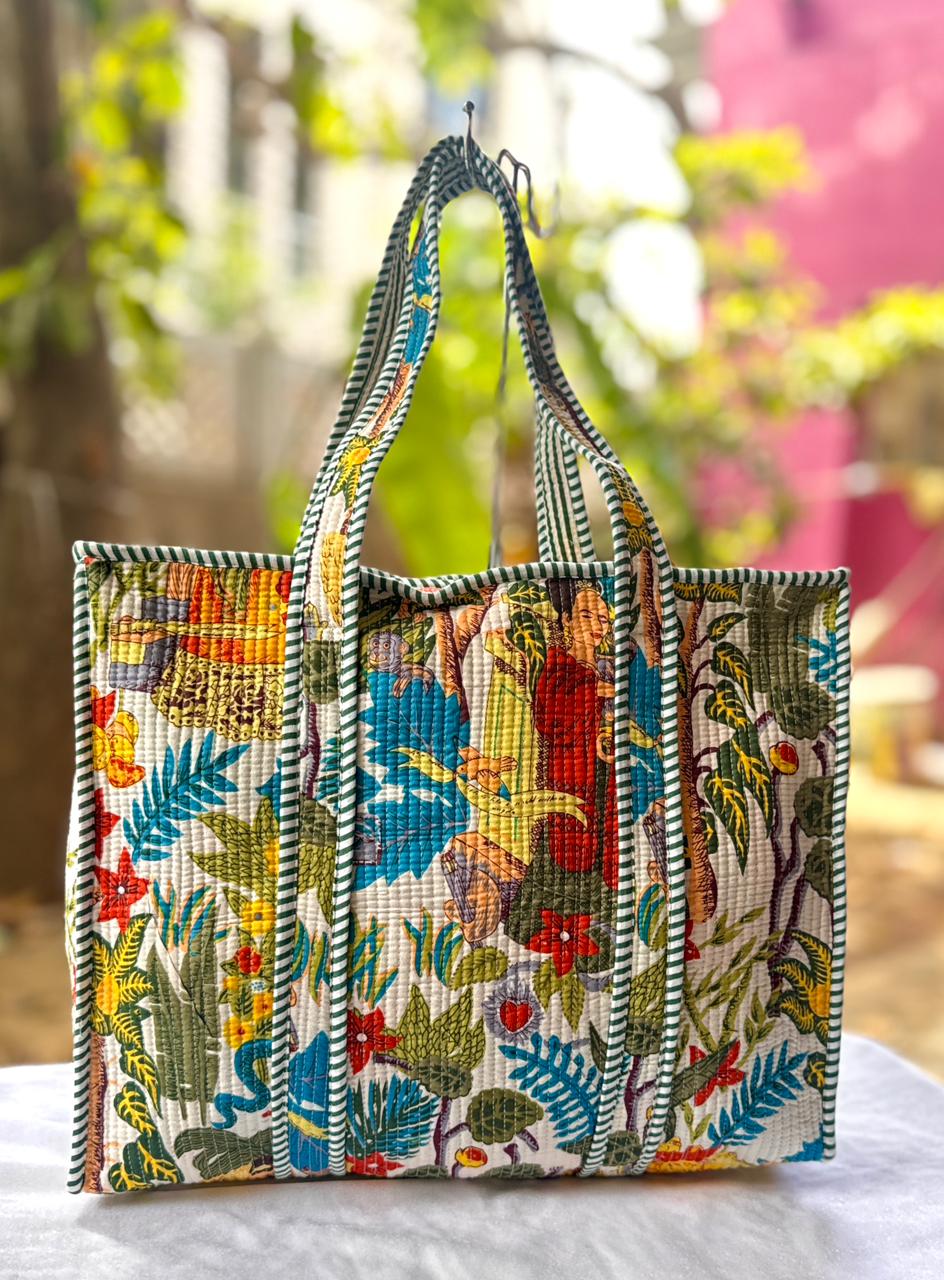 Reversible Quilted Hand Block Printed Tote Bag With Zip Closure