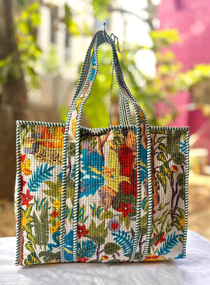 Reversible Quilted Hand Block Printed Tote Bag With Zip Closure