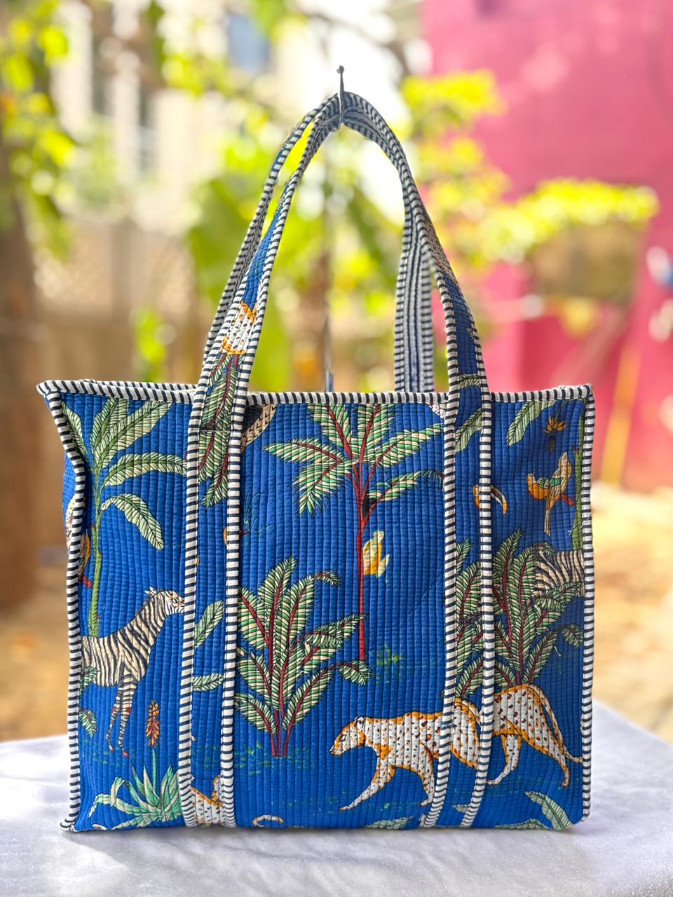 Reversible Quilted Hand Block Printed Tote Bag With Zip Closure