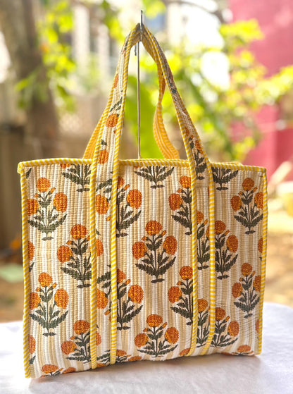 Reversible Quilted Hand Block Printed Tote Bag With Zip Closure