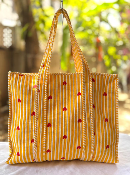 Reversible Quilted Hand Block Printed Tote Bag With Zip Closure