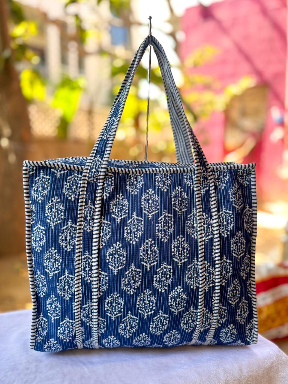 Reversible Quilted Hand Block Printed Tote Bag With Zip Closure
