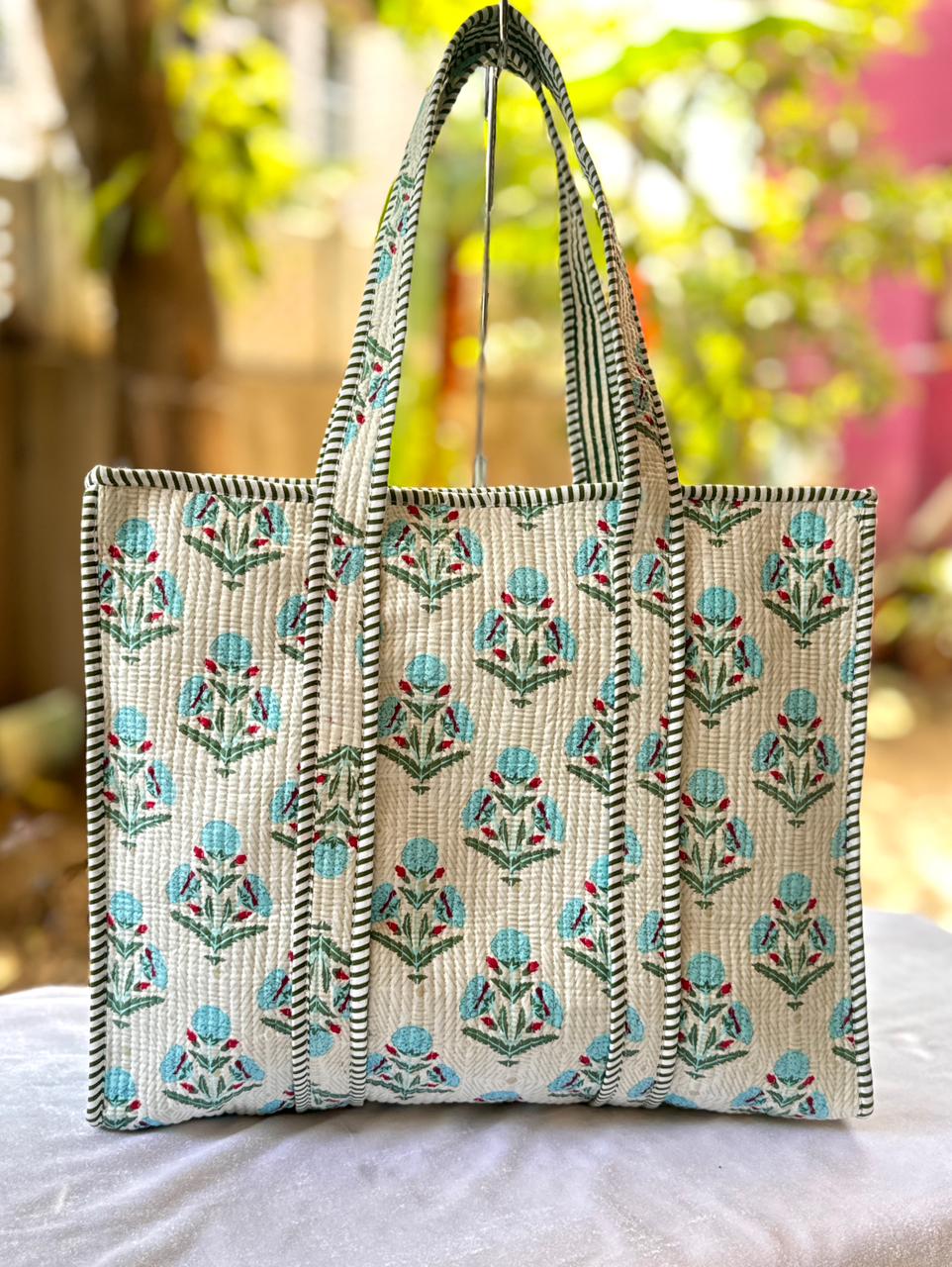Reversible Quilted Hand Block Printed Tote Bag With Zip Closure