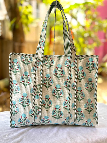 Reversible Quilted Hand Block Printed Tote Bag With Zip Closure