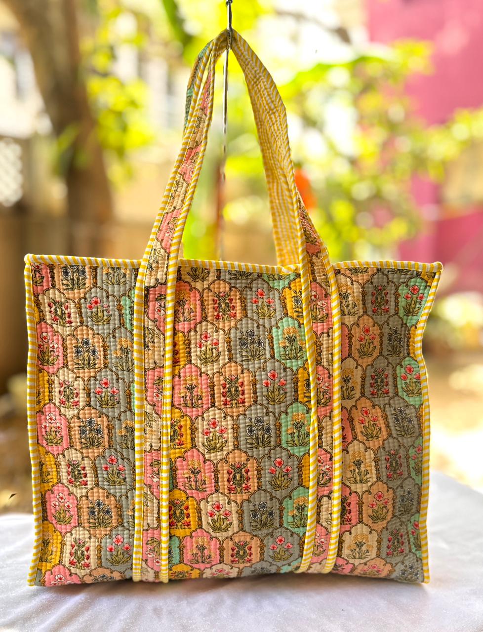 Reversible Quilted Hand Block Printed Tote Bag With Zip Closure