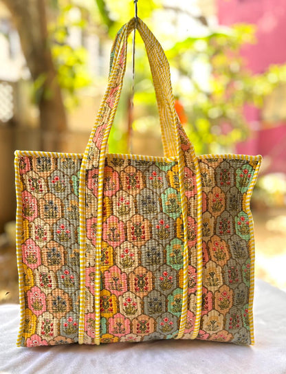 Reversible Quilted Hand Block Printed Tote Bag With Zip Closure