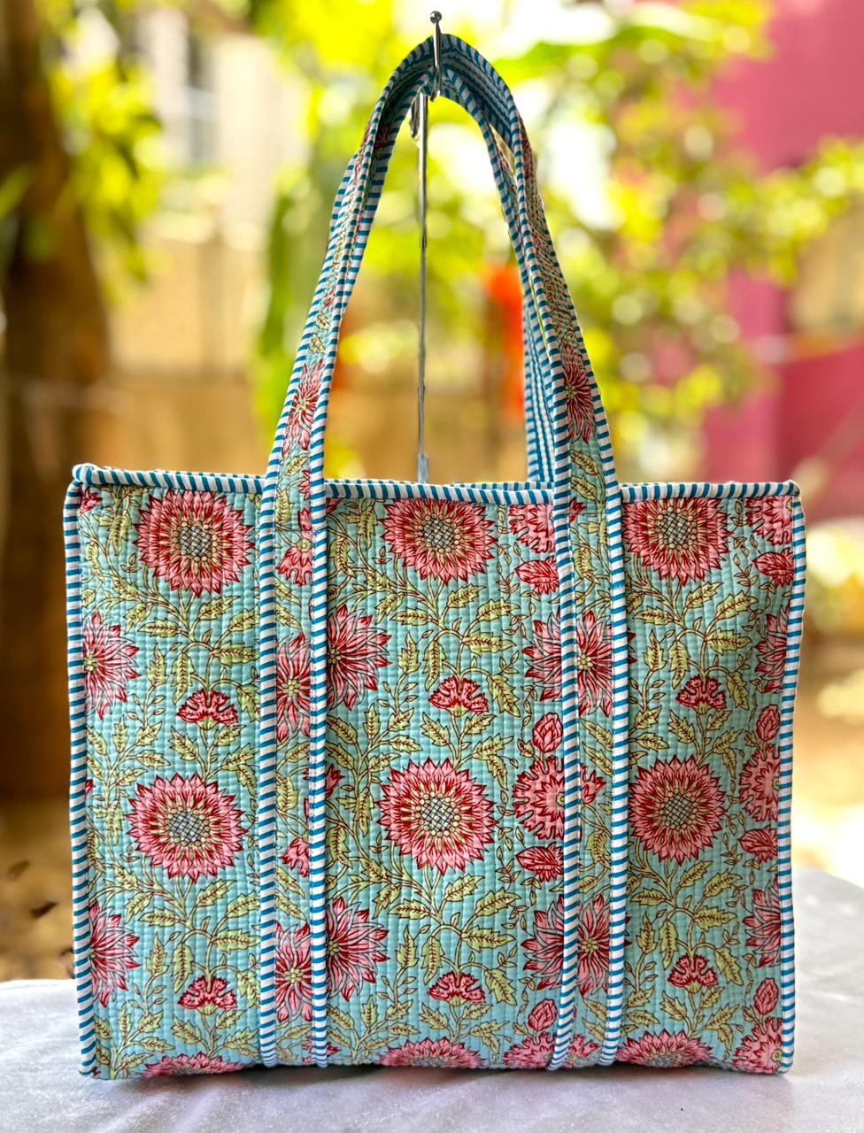 Reversible Quilted Hand Block Printed Tote Bag With Zip Closure