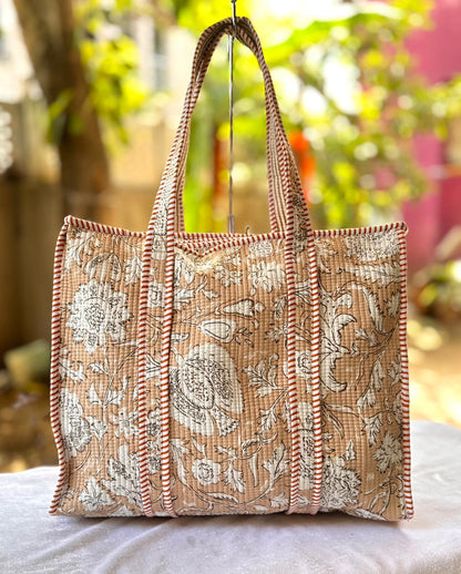 Reversible Quilted Hand Block Printed Tote Bag With Zip Closure