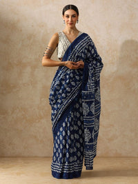Everyday Blue Elegance Pure Mulmul Cotton Printed Saree With Blouse